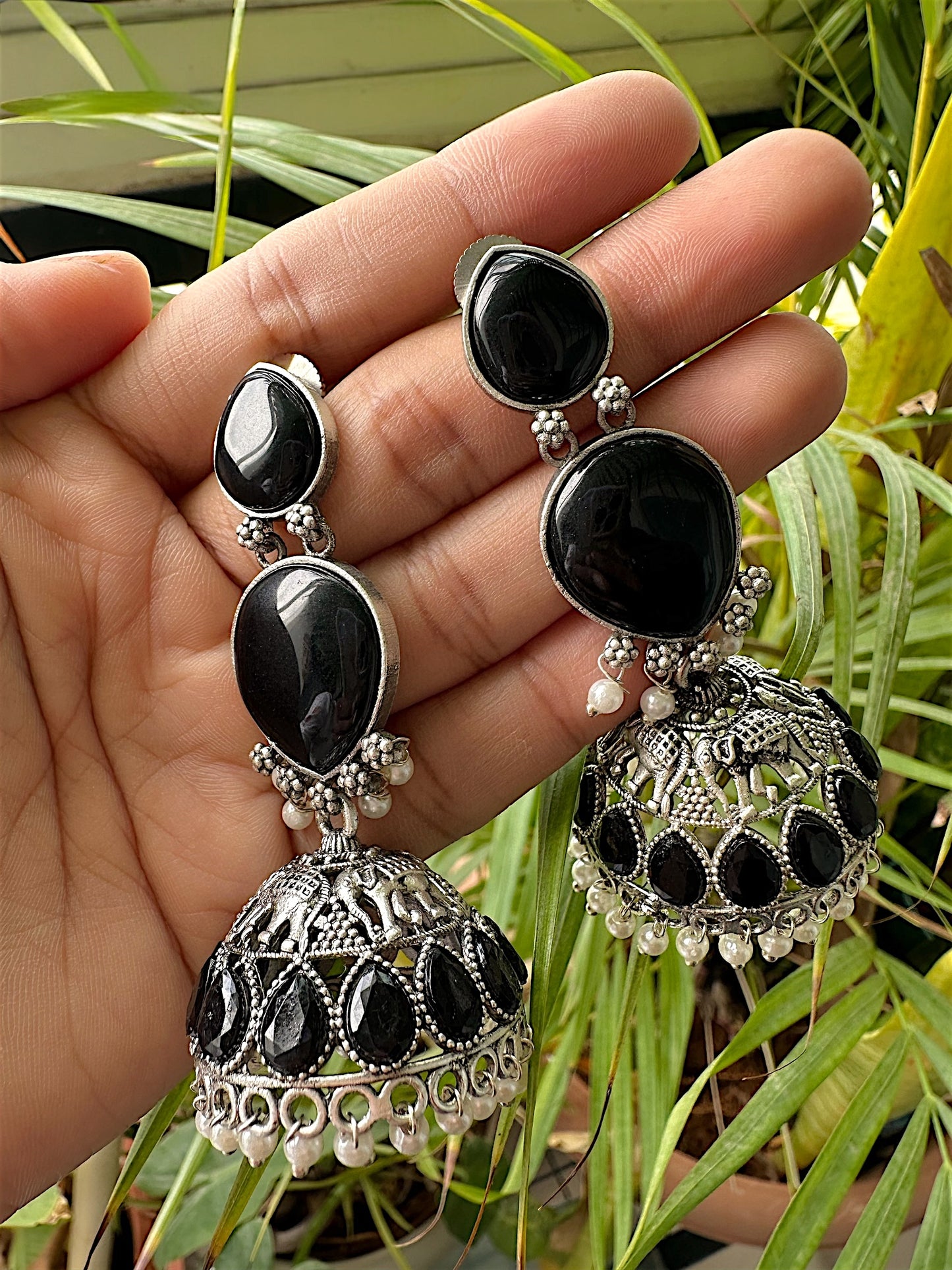Elegant Black Stone Oxidized Jhumka Earrings