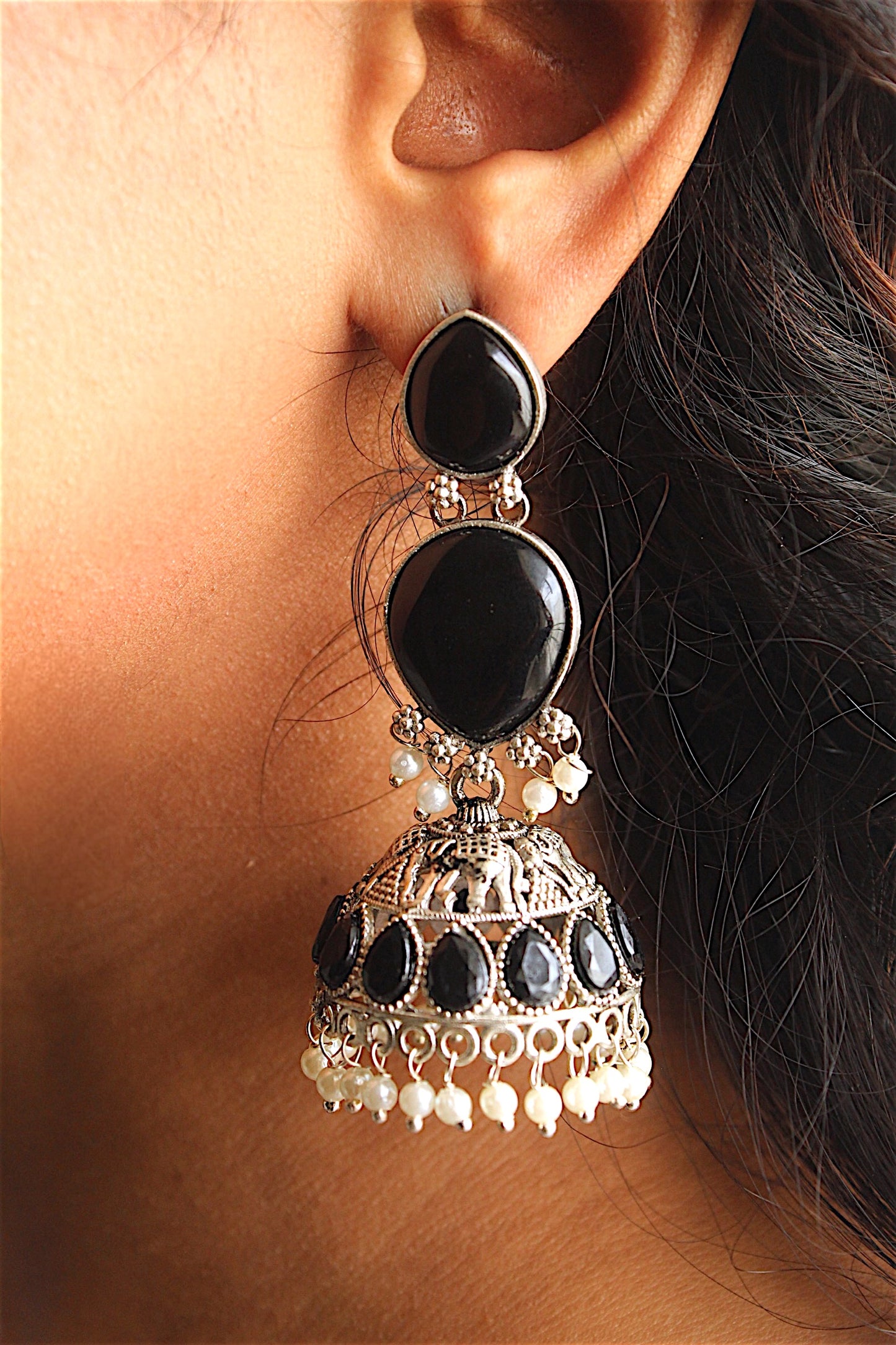Elegant Black Stone Oxidized Jhumka Earrings