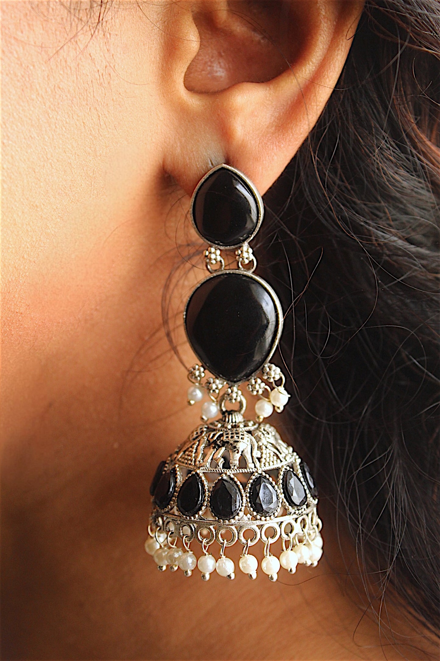Elegant Black Stone Oxidized Jhumka Earrings