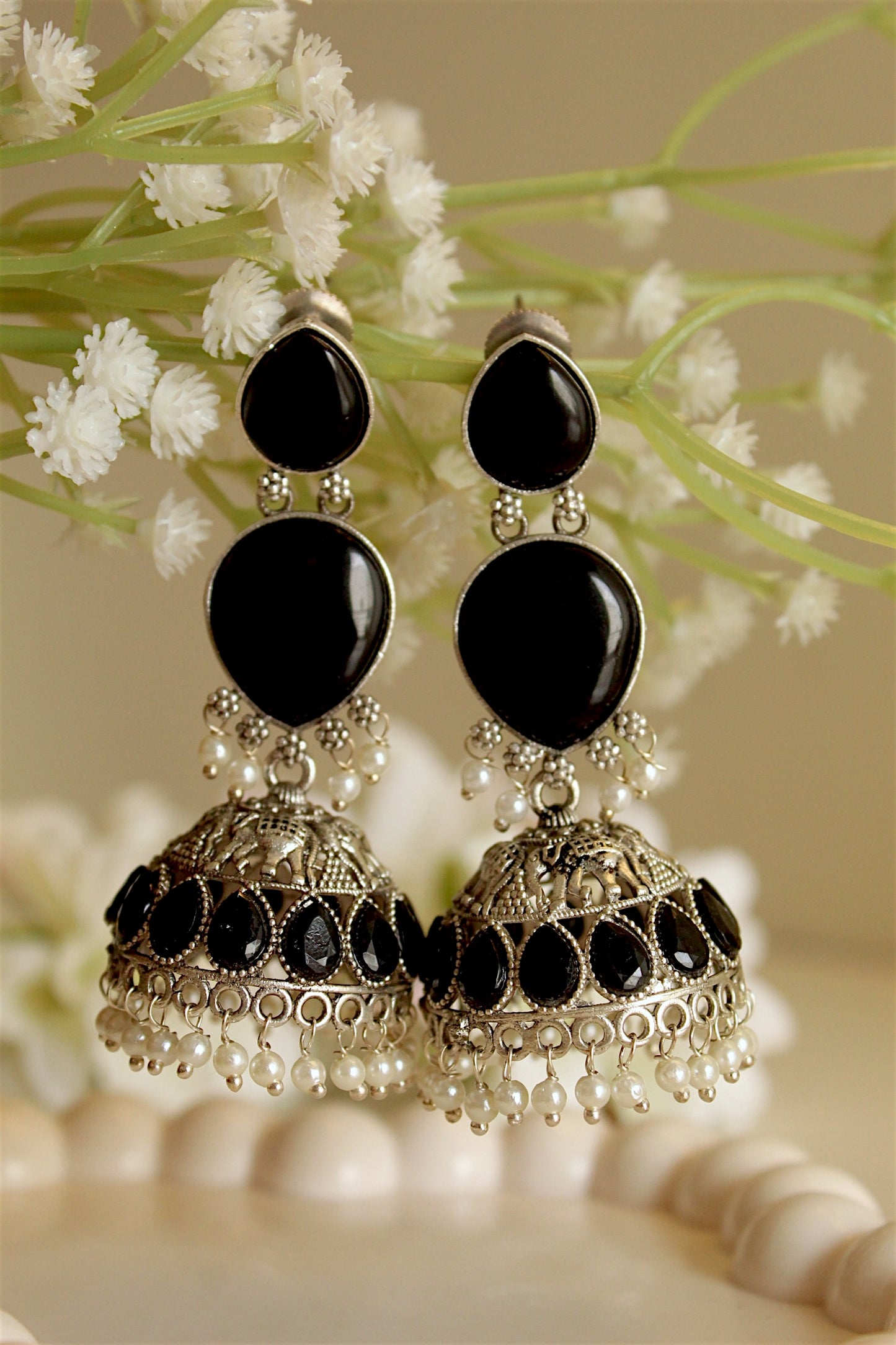 Elegant Black Stone Oxidized Jhumka Earrings