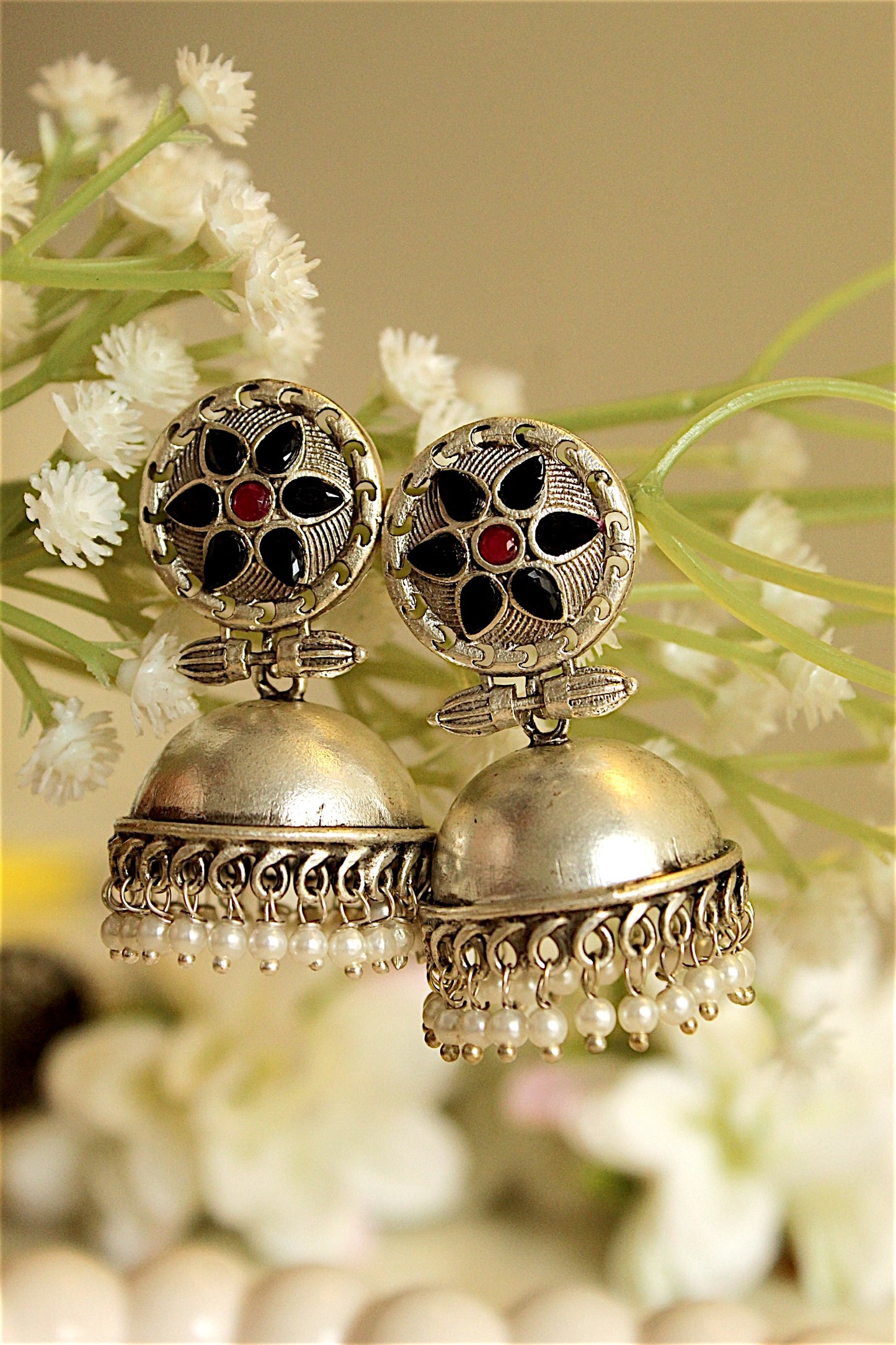 Vintage Floral Oxidized Silver Jhumka Earrings