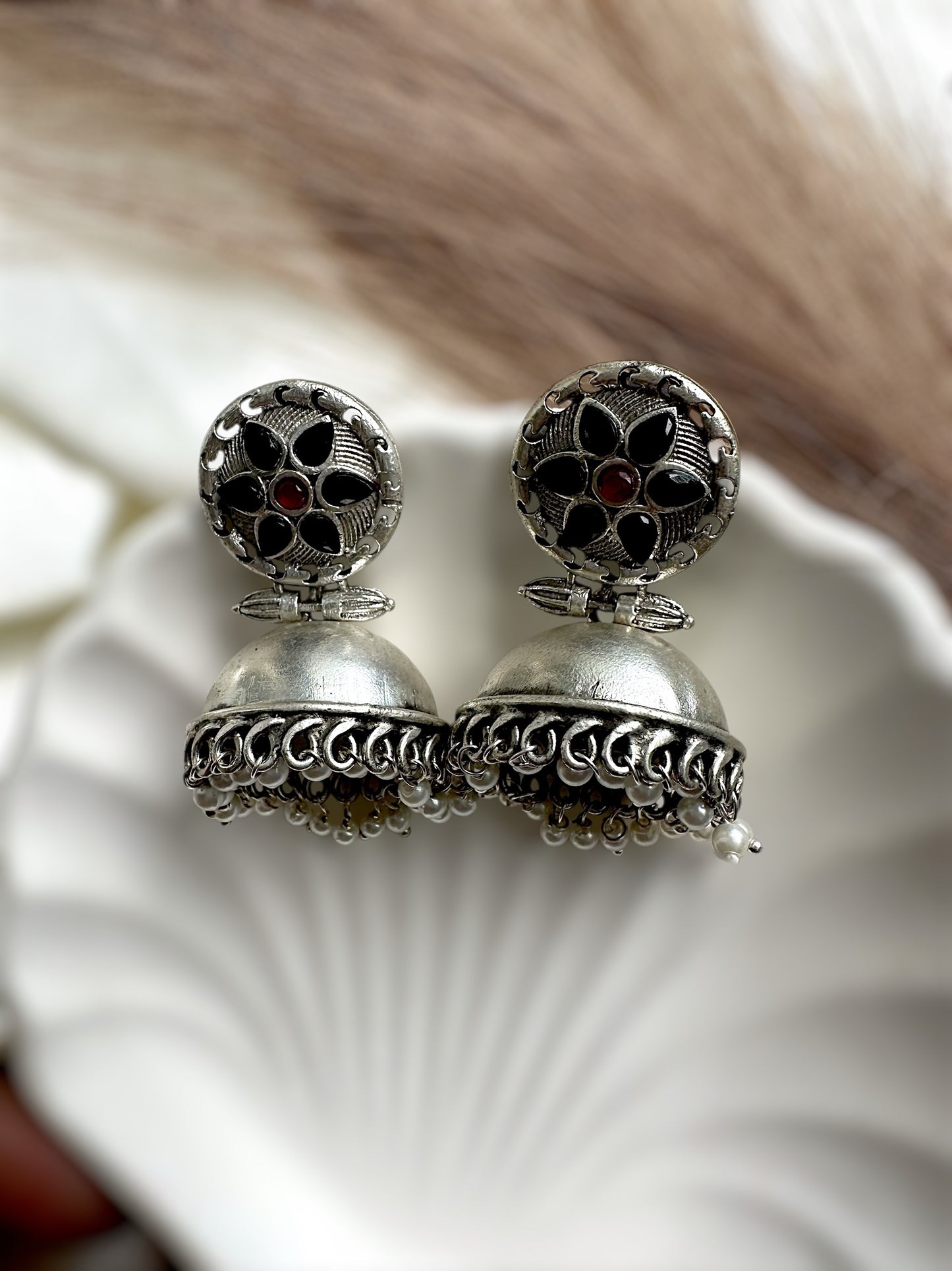 Vintage Floral Oxidized Silver Jhumka Earrings