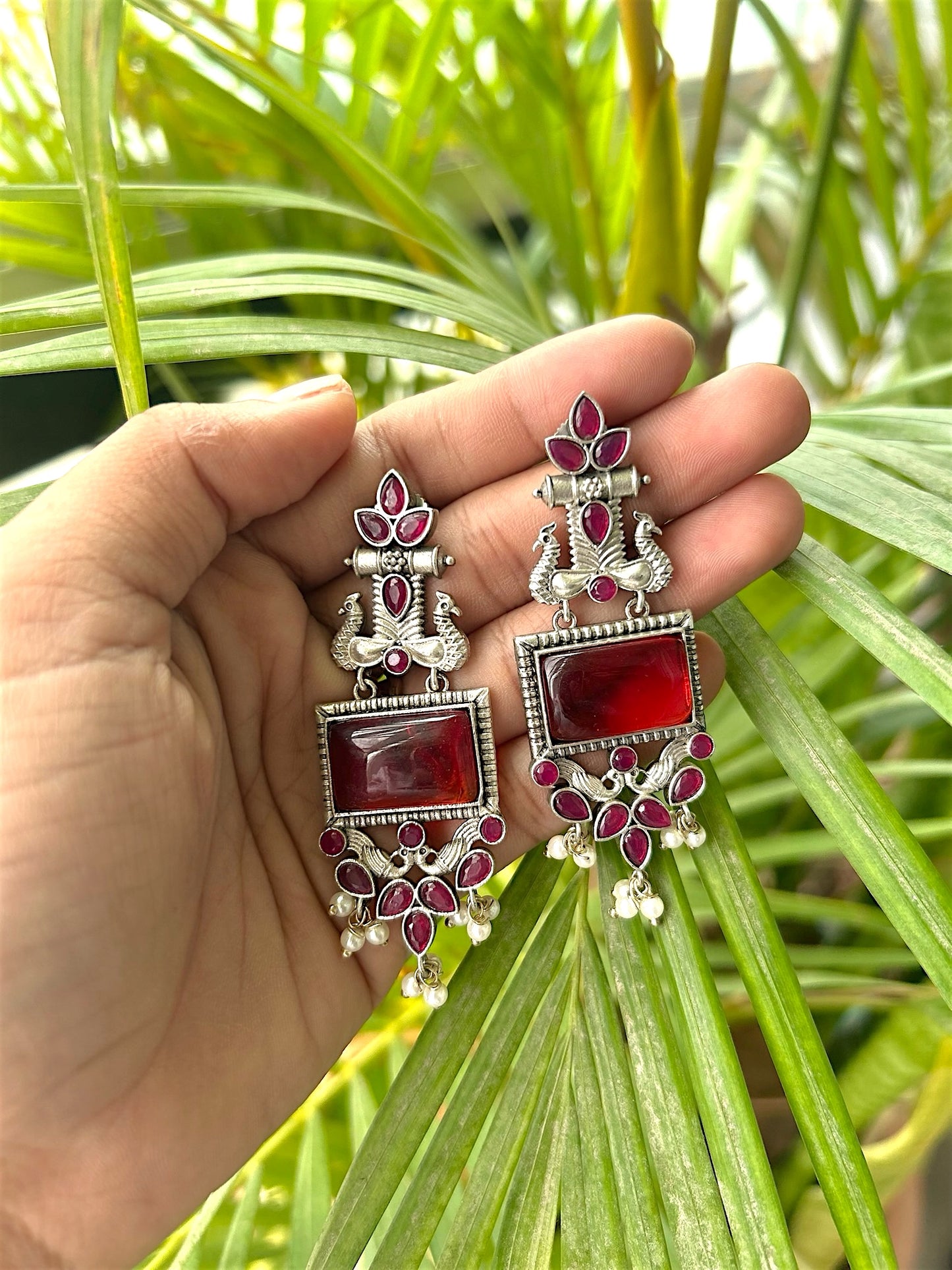Regal Red Stone Peacock Statement Earrings