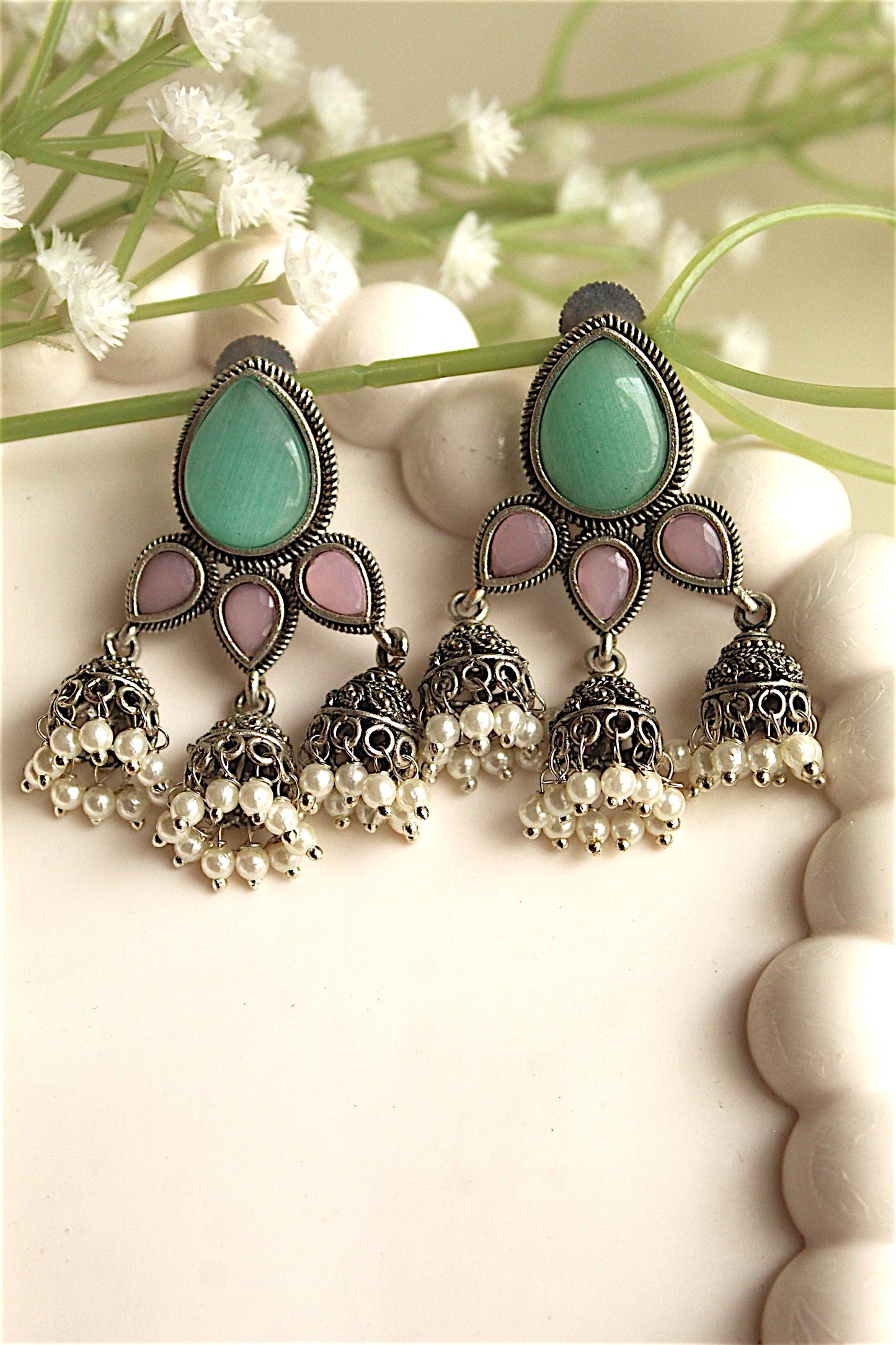 Mint & Mauve Triple Jhumka Earrings