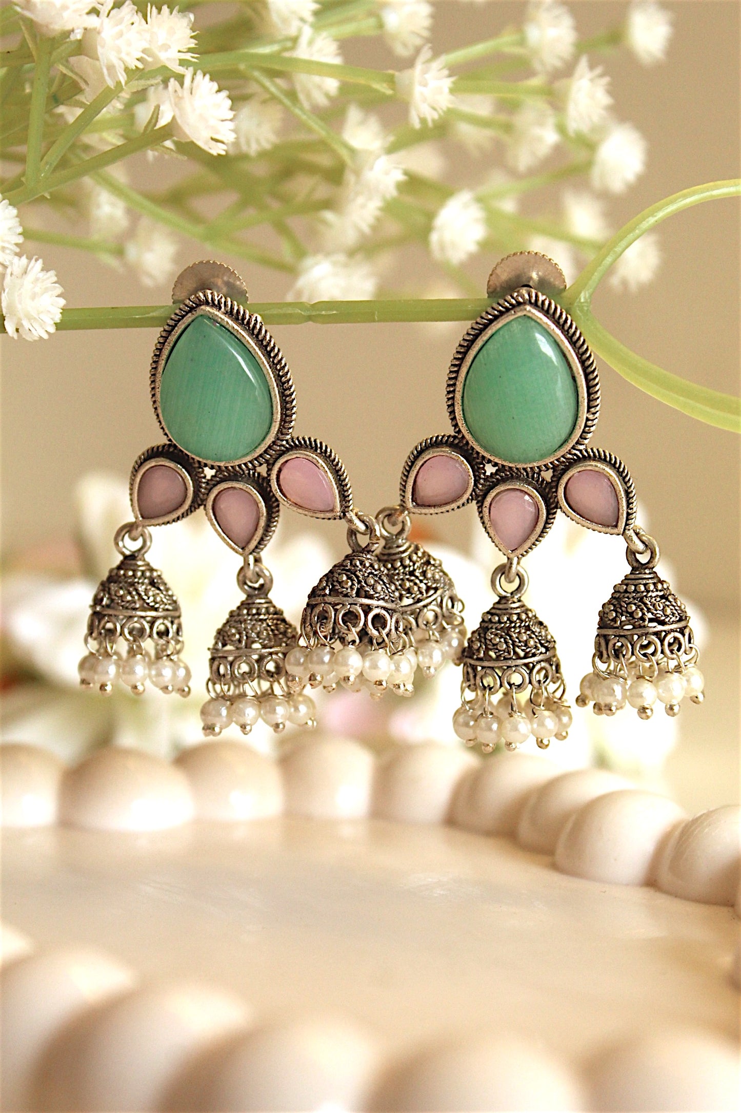 Mint & Mauve Triple Jhumka Earrings