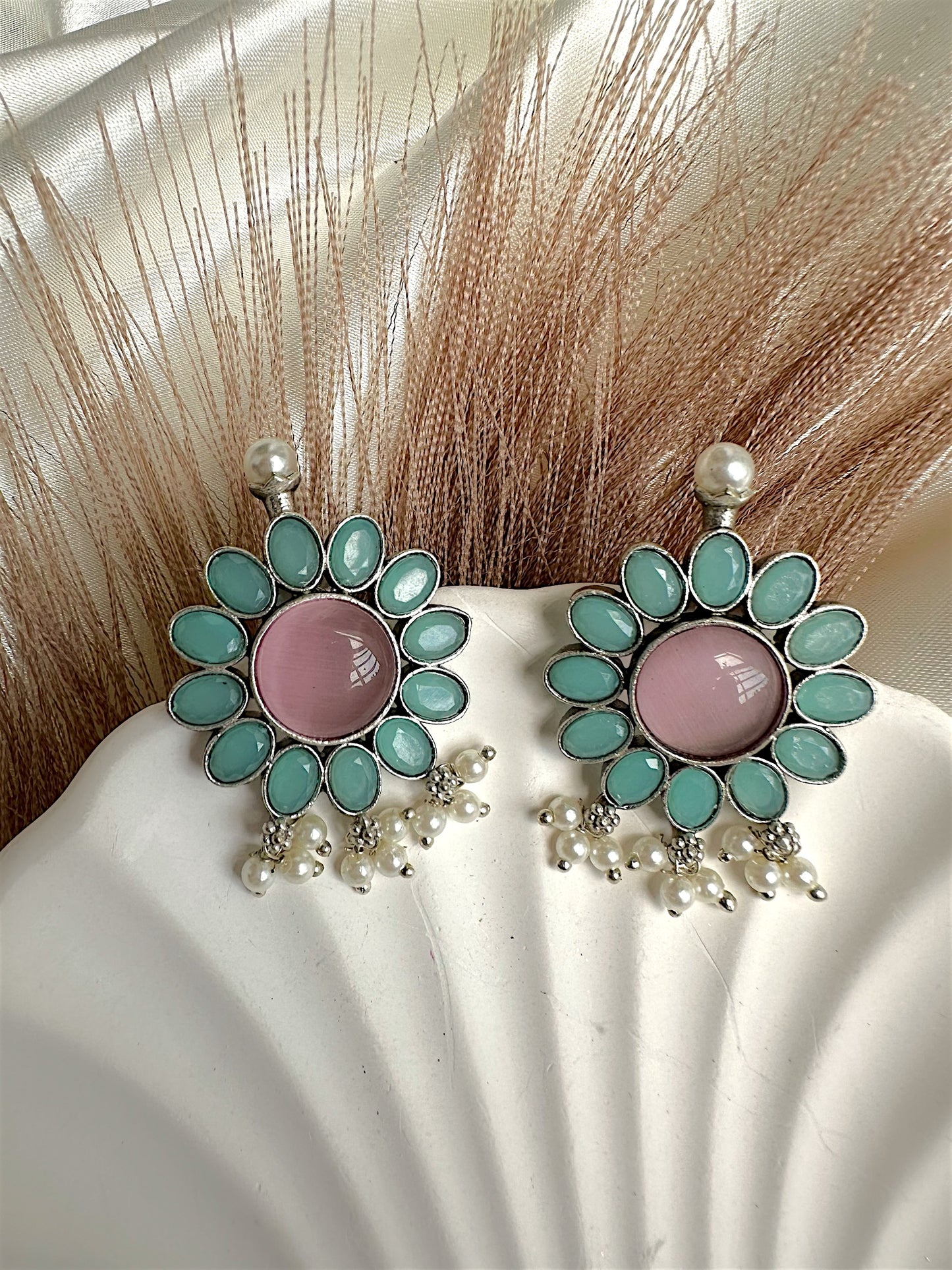 Mint Green & Blush Pink Floral Stud Earrings