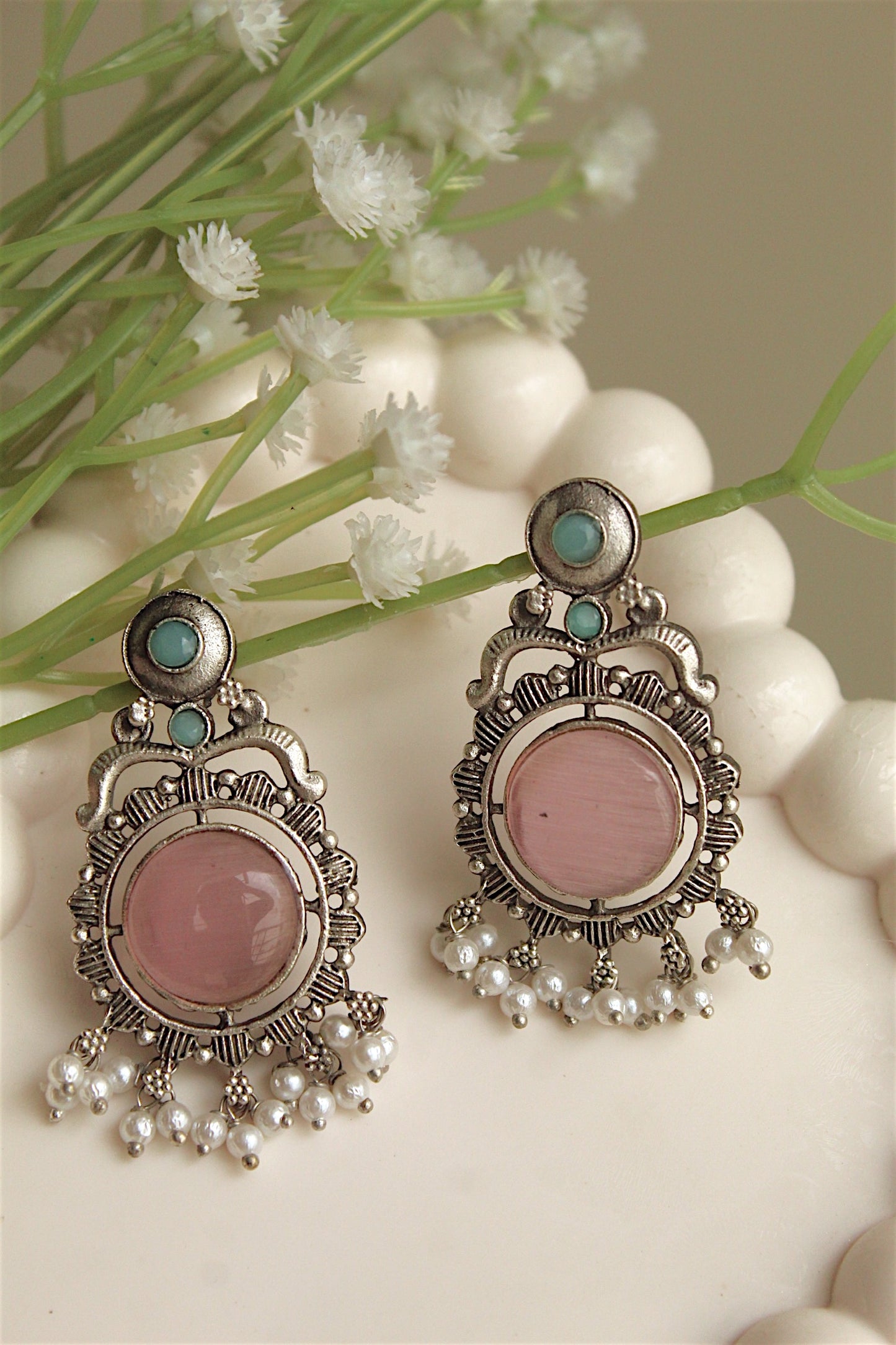 Vintage Pink Stone Statement Earrings