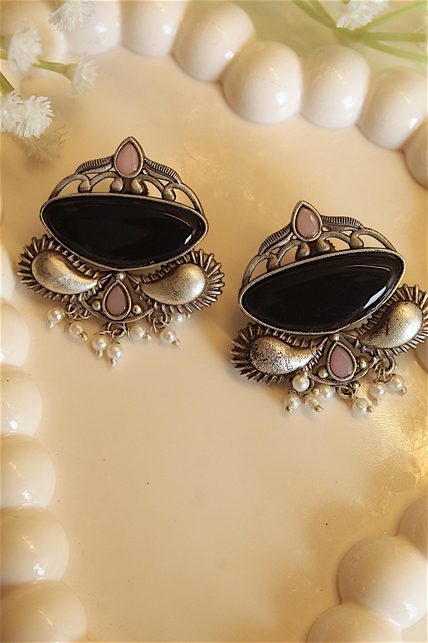 Bold Black Stone Tribal Earrings