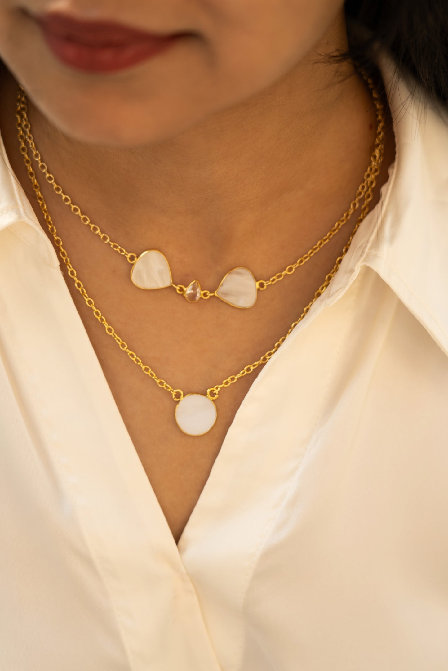 Minimalist Gold-Plated Layered Necklace Set with Mother of Pearl Accents