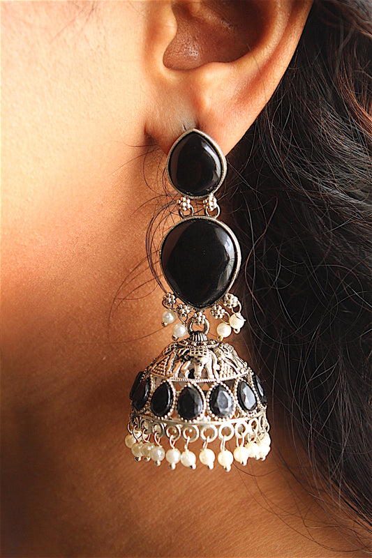 Elegant Black Stone Oxidized Jhumka Earrings