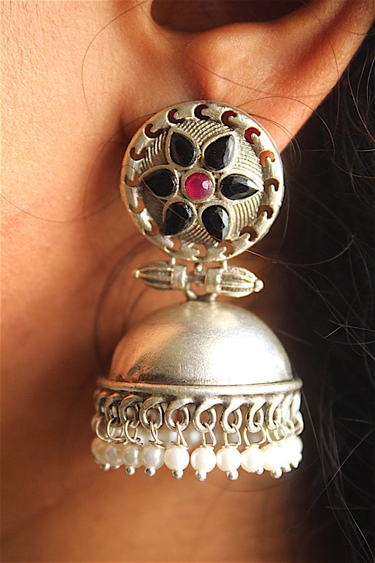 Vintage Floral Oxidized Silver Jhumka Earrings
