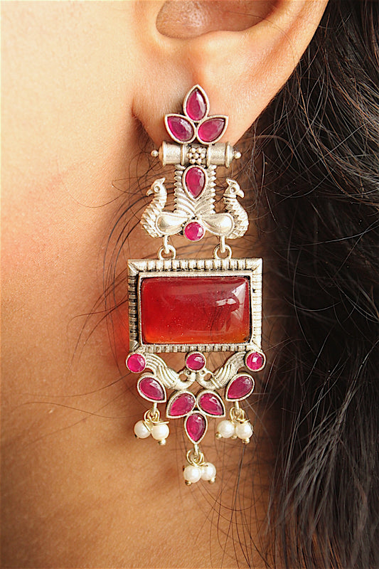 Regal Red Stone Peacock Statement Earrings
