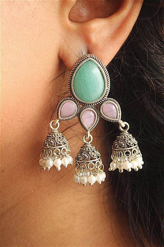 Mint & Mauve Triple Jhumka Earrings