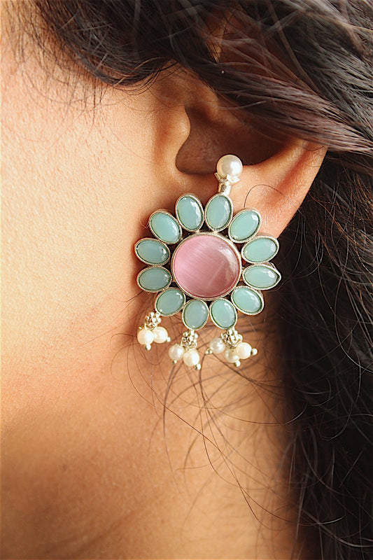 Mint Green & Blush Pink Floral Stud Earrings