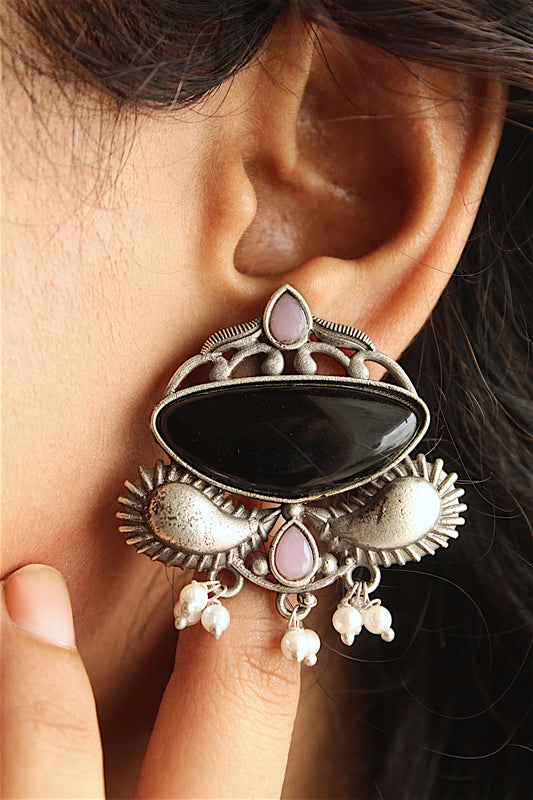 Bold Black Stone Tribal Earrings