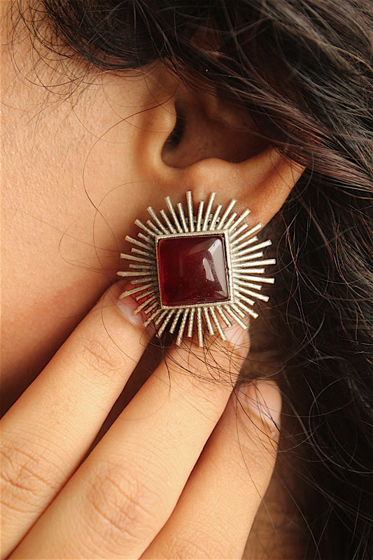 Sunburst Maroon Stone Stud Earrings